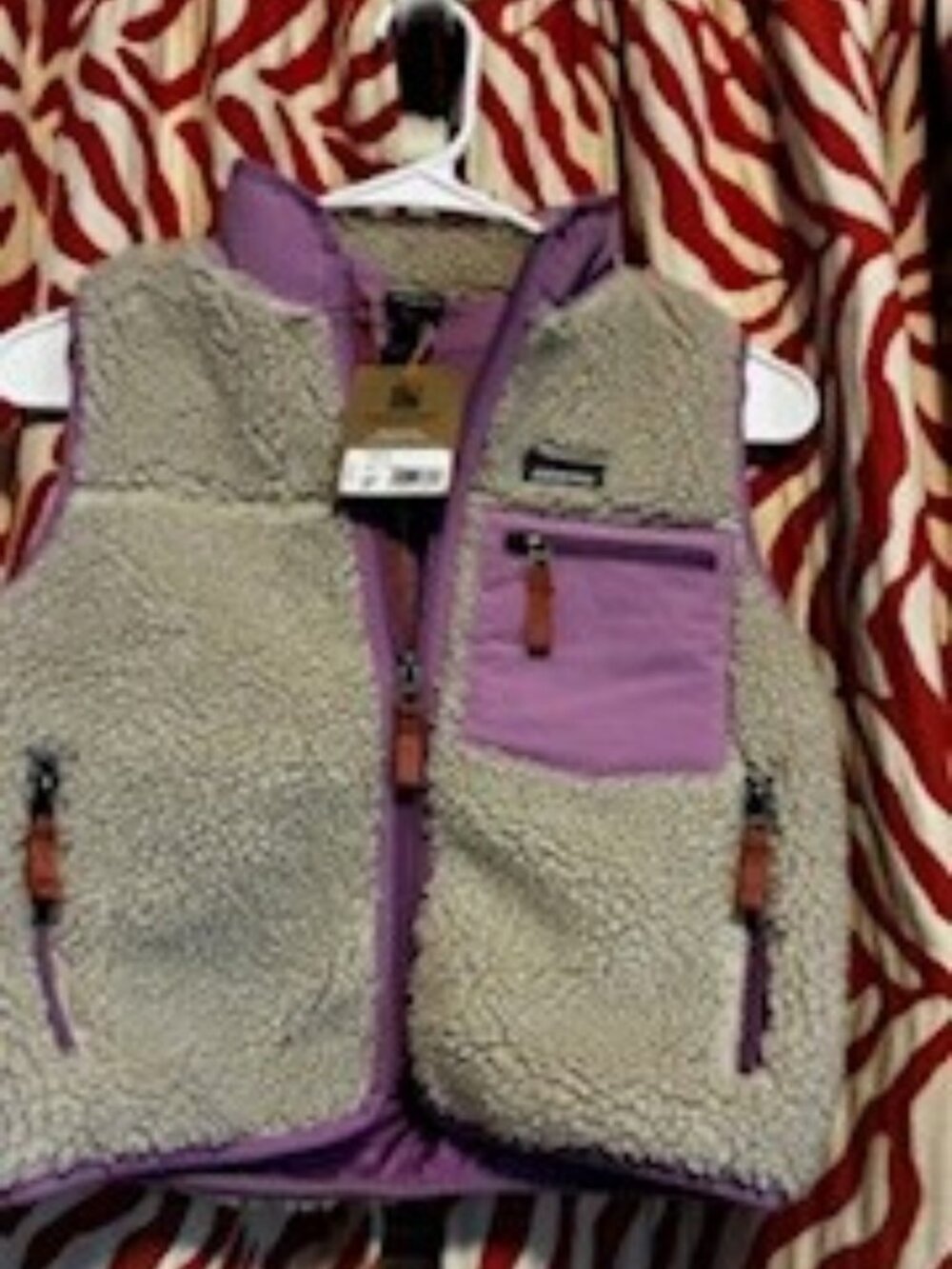Patagpnia Retro X Fleece Childs Vest, Beige & bright purple lining, Size XS